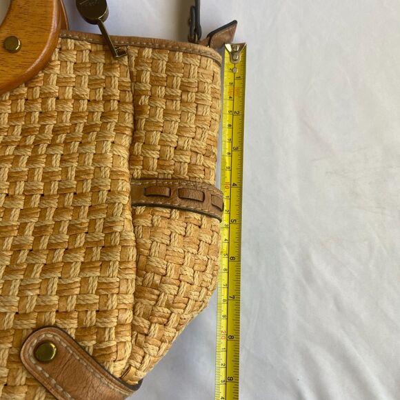 Vintage Fossil Purse Beige Brown Straw Woven Bag Handbag Wooden Handle Boho - Picture 3 of 6